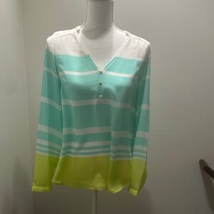 LC Lauren Conrad Aqua & Lime Striped V-Neck Blouse